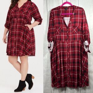 Torrid Red Plaid Button Front Shirt Dress Size 2X Casual Grunge Cozy Plus